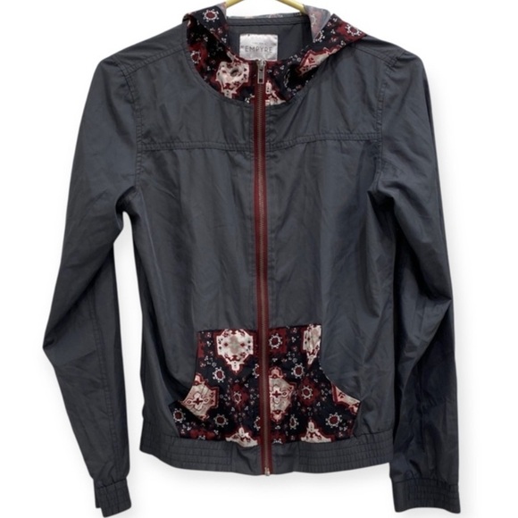 Empyre Hooded Windbreaker Grey Floral Print Zip Front Lightweight Utility Hoodie - Picture 9 of 9